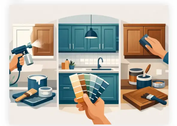 Hands hold color swatches in front of a blue kitchen as two other hands spray-paint a cabinet and wipe another surface with paint cans and brushes nearby.