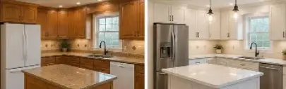 Bright two-tone kitchen with wooden cabinets on the left, white cabinets on the right, granite countertops, island in the center, and stainless steel appliances.