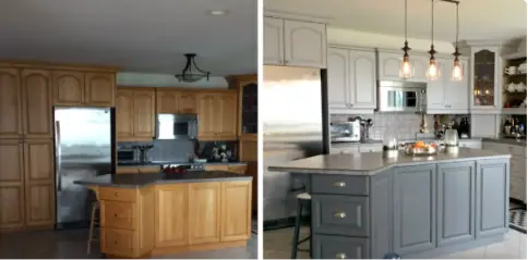 Side-by-side kitchen remodel comparison: left shows natural wood cabinets and island; right shows gray cabinets, island, pendant lights, and stainless appliances as a updated design.