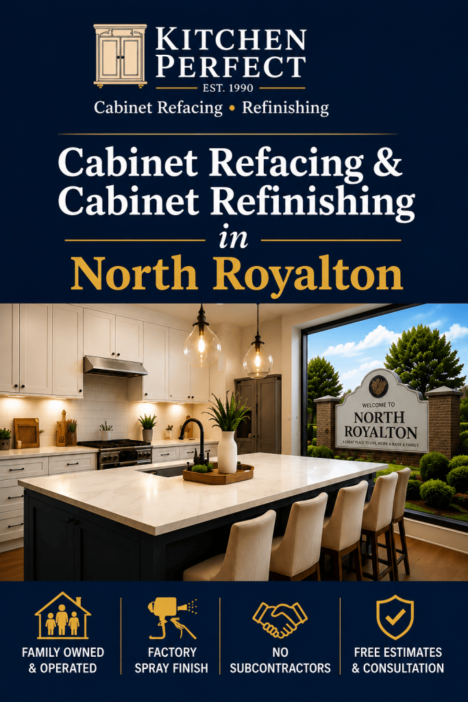 Advertisement for Kitchen Perfect offering cabinet refacing and refinishing in North Royalton with a modern kitchen photo beneath a dark blue banner.