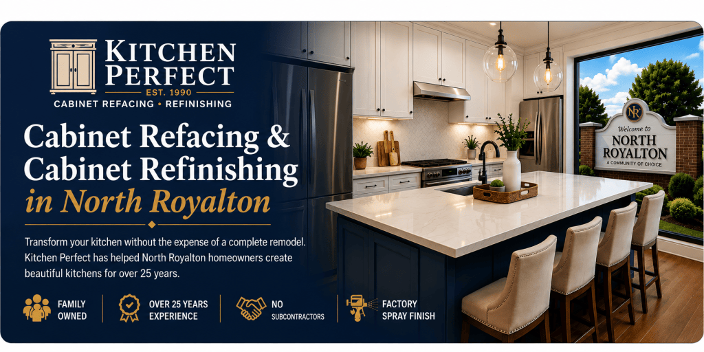 Kitchen Perfect marketing banner: navy left panel with logo and text about cabinet refacing in North Royalton beside a modern kitchen island with stainless appliances.
