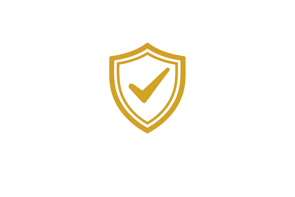 Gold shield emblem with a white inner shield and a gold checkmark, glowing on a gray gradient background (security/verified).