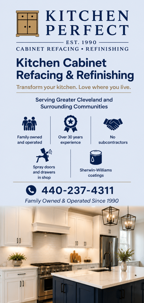 Poster for Kitchen Perfect advertising cabinet refacing and refinishing services, established 1990, with a modern kitchen image at the bottom.