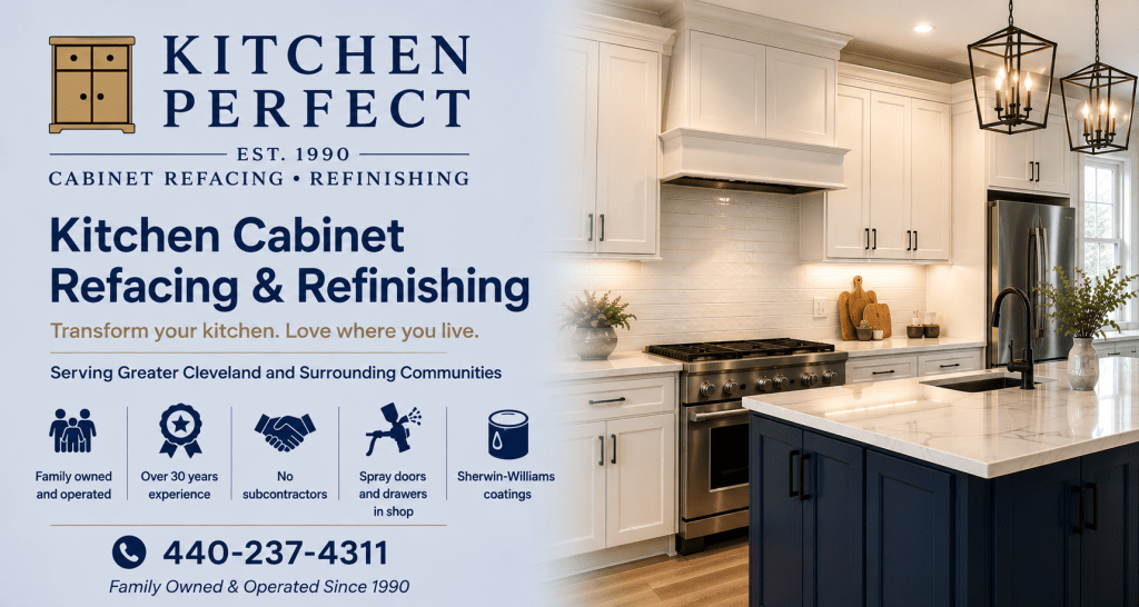 Advertisement banner for Kitchen Perfect: split image with left text and logo, right modern white kitchen with navy island and pendant lights, promoting cabinet refacing and refinishing.